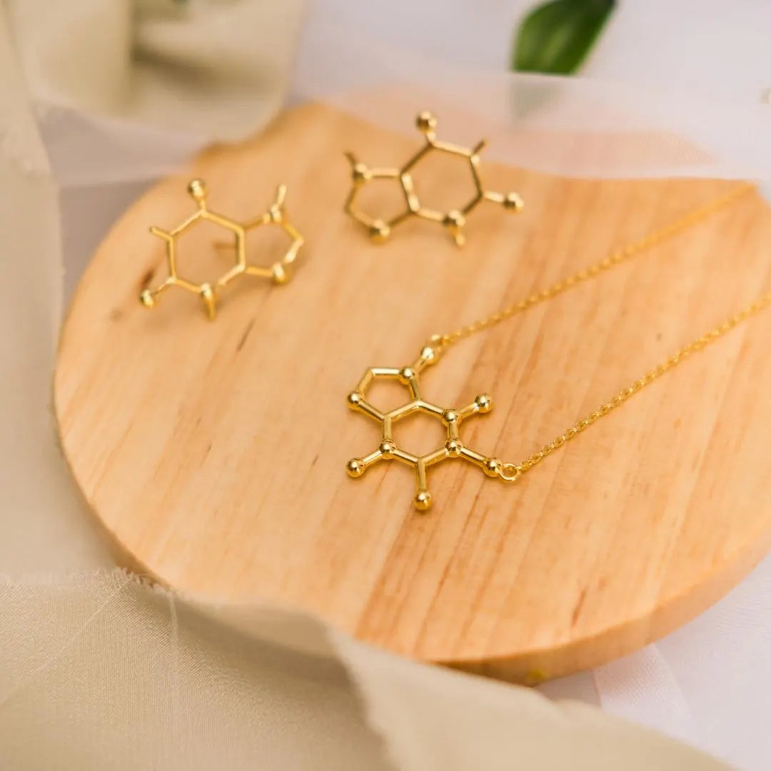 Caffeine molecule necklace and earrings in gold - chemistry inspired jewellery gift for coffee lovers| My Chemical Gift