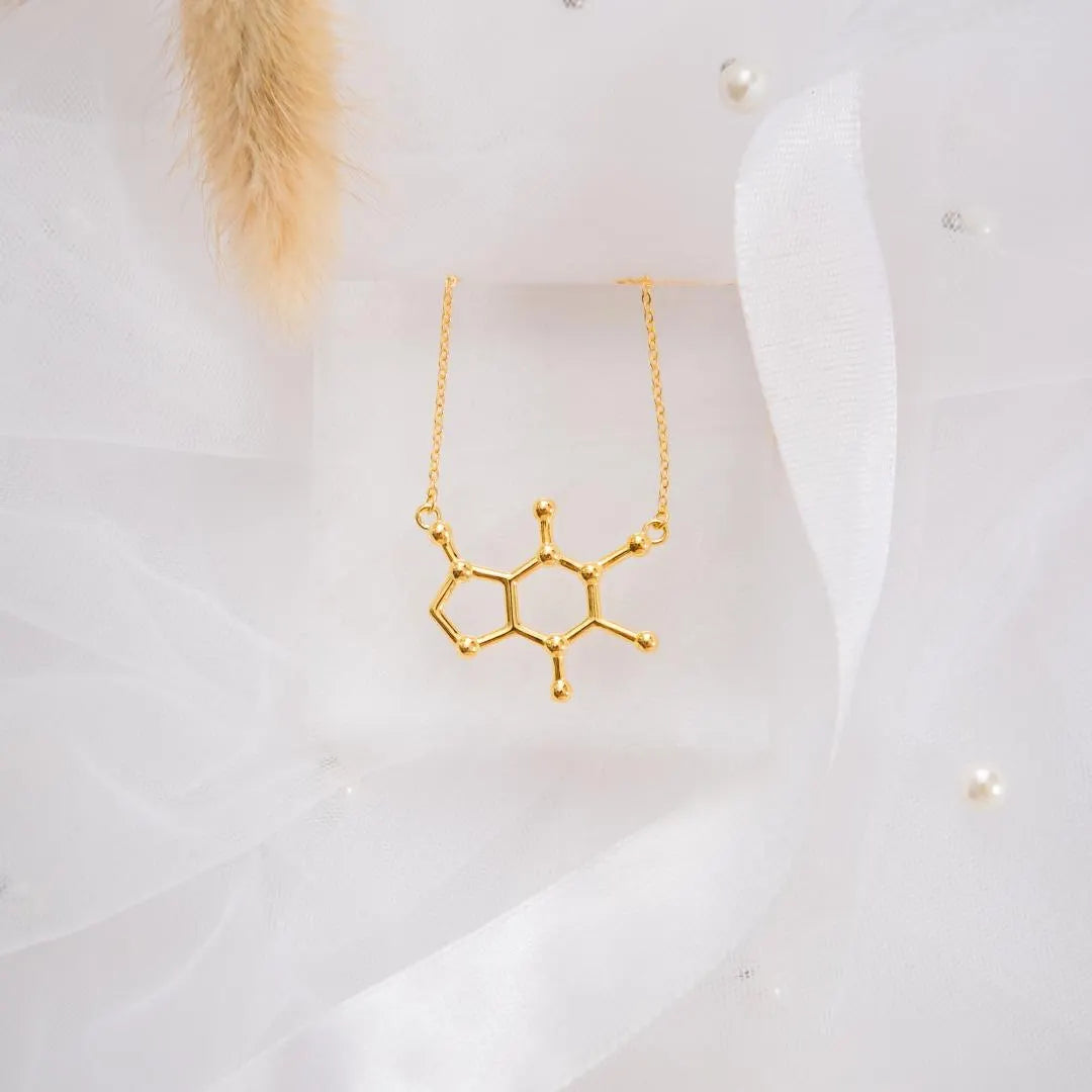 Caffeine molecule necklace in gold - chemistry inspired jewellery gift for coffee lovers| My Chemical Gift