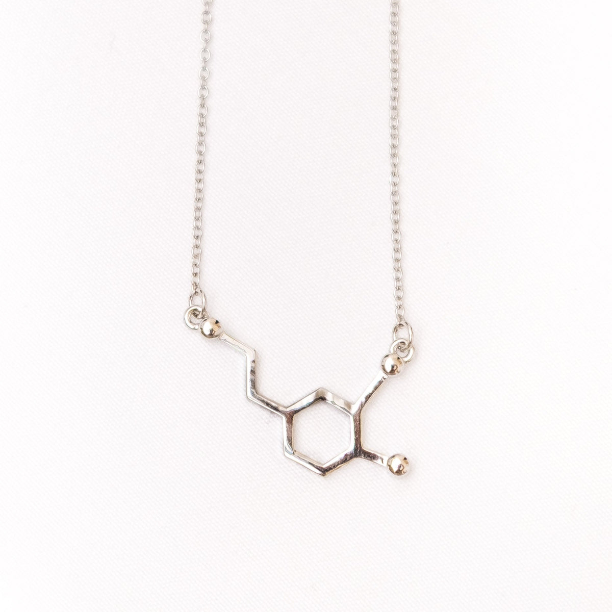 Dopamine molecule necklace in silver - chemistry inspired jewellery for science lovers | My Chemical Gift