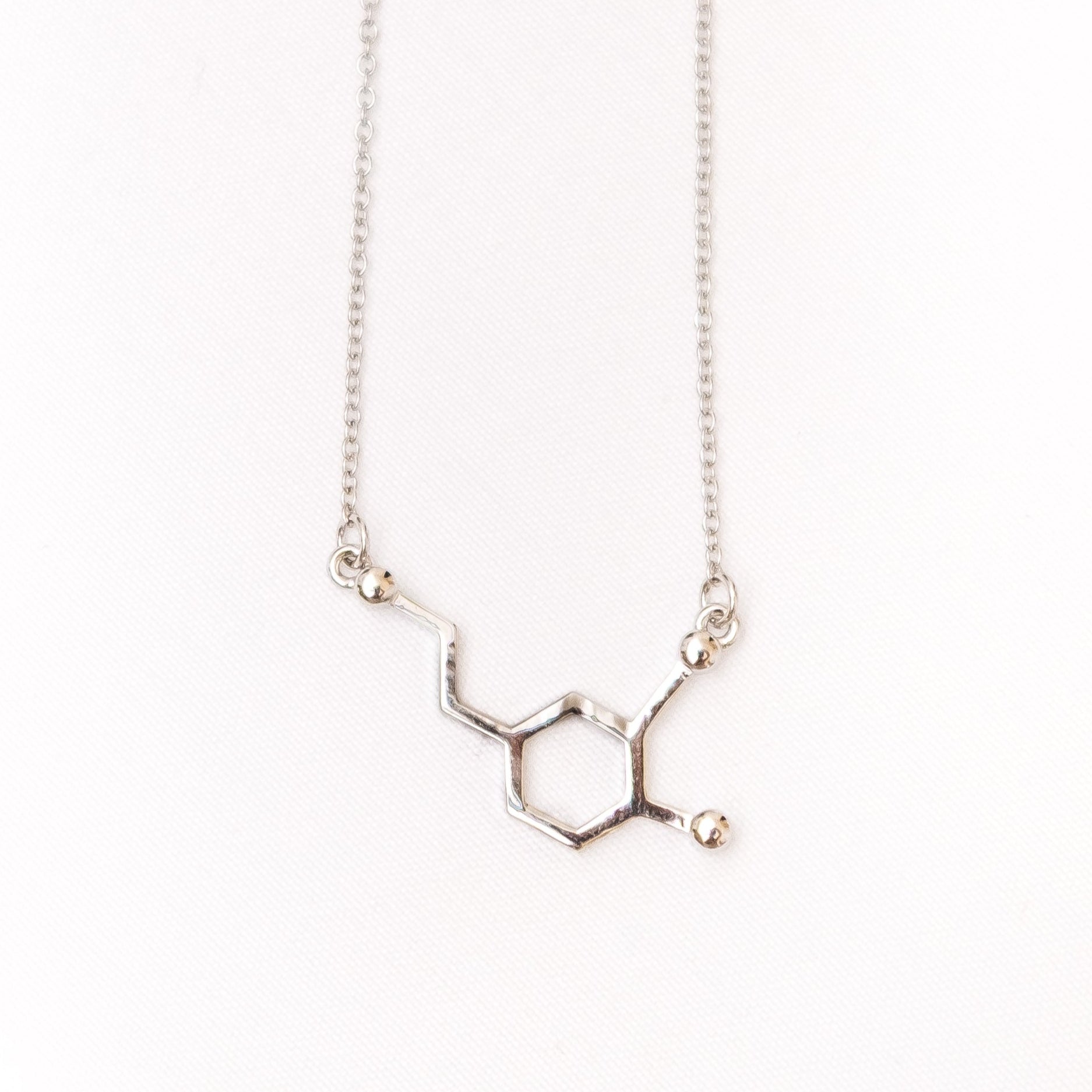 Dopamine molecule necklace in silver - chemistry inspired jewellery for science lovers | My Chemical Gift