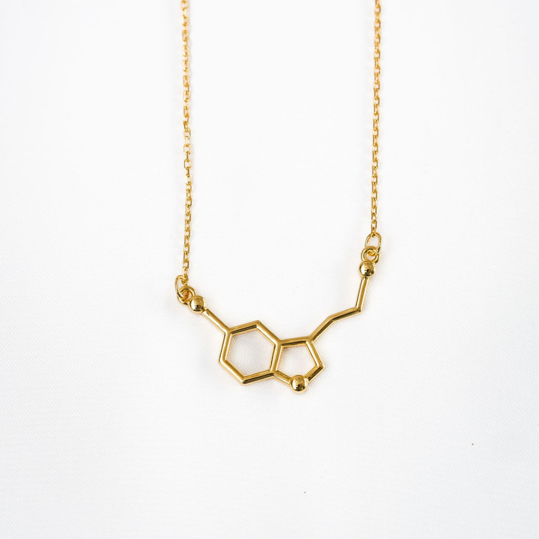 Serotonin molecule necklace in gold - chemistry inspired jewellery for science lovers | My Chemical Gift