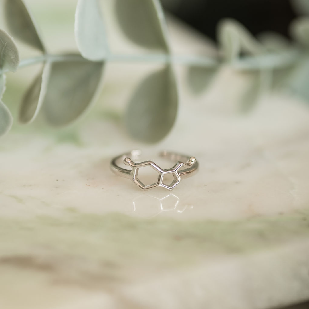 Serotonin molecule ring in silver - chemistry inspired jewellery for science lovers | My Chemical Gift