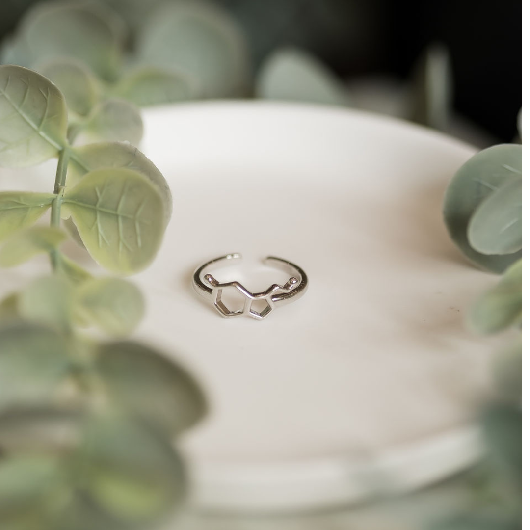 Serotonin molecule ring in silver - chemistry inspired jewellery for science lovers | My Chemical Gift