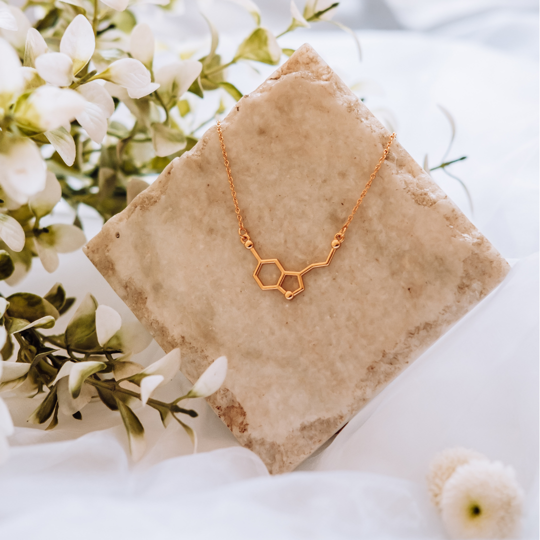 Serotonin molecule necklace in gold - chemistry inspired jewellery for science lovers | My Chemical Gift