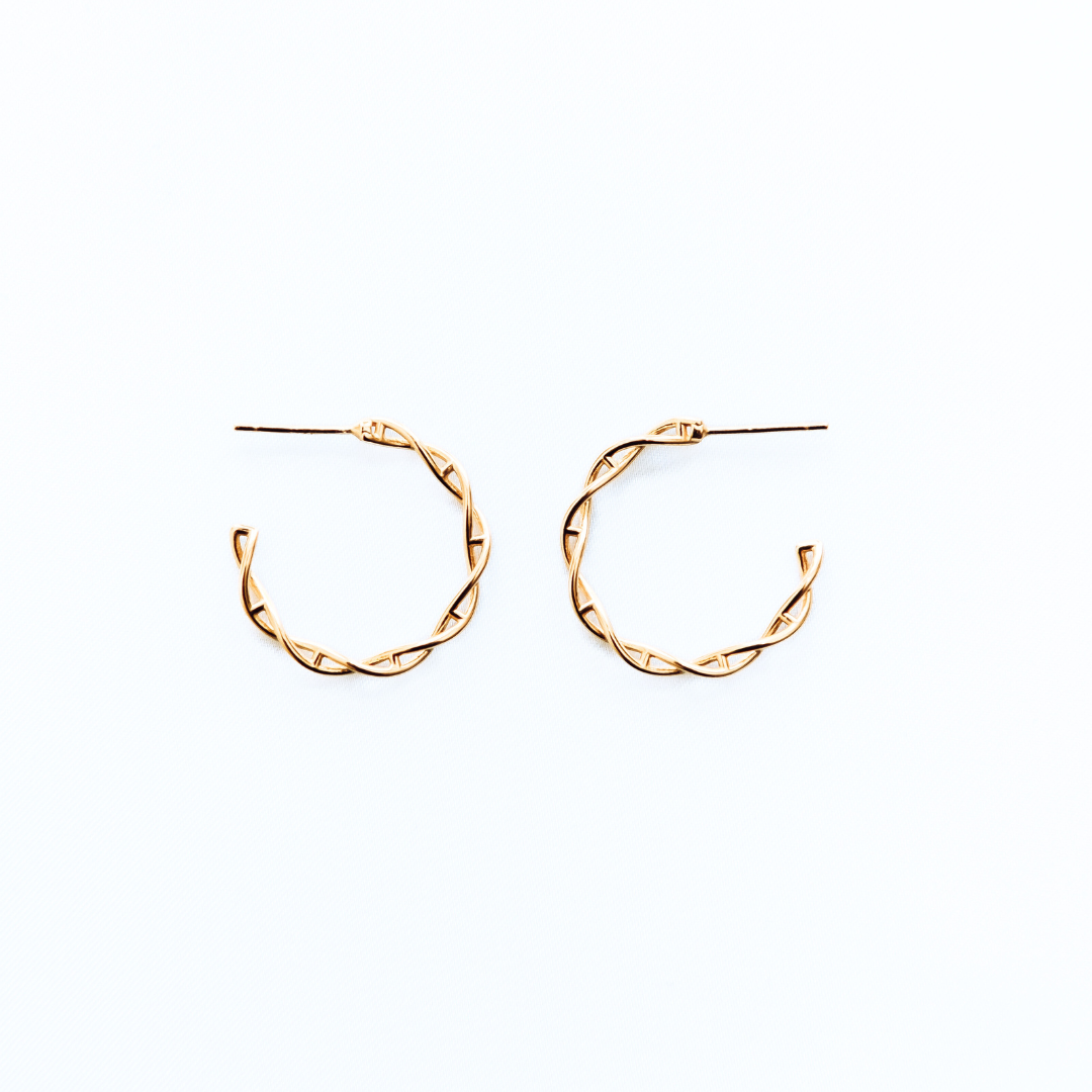 DNA double helix hoop earrings in gold - chemistry inspired jewellery for science lovers | My Chemical Gift
