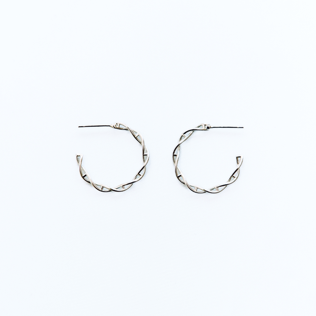 DNA double helix hoop earrings in silver - chemistry inspired jewellery for science lovers | My Chemical Gift