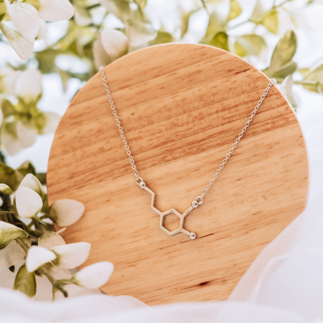Dopamine molecule necklace in silver - chemistry inspired jewellery for science lovers | My Chemical Gift
