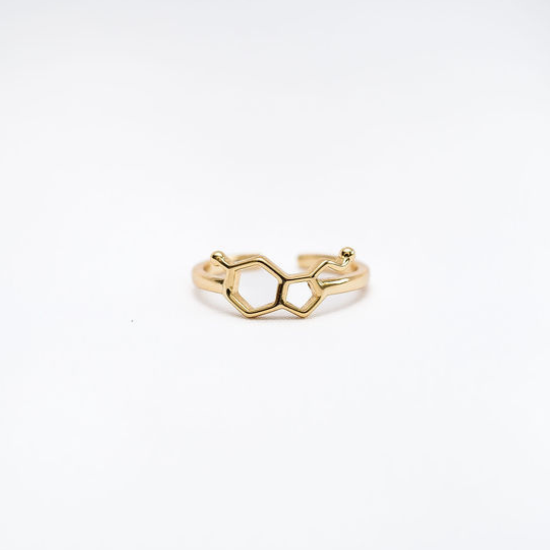 Serotonin molecule ring in gold - chemistry inspired jewellery for science lovers | My Chemical Gift