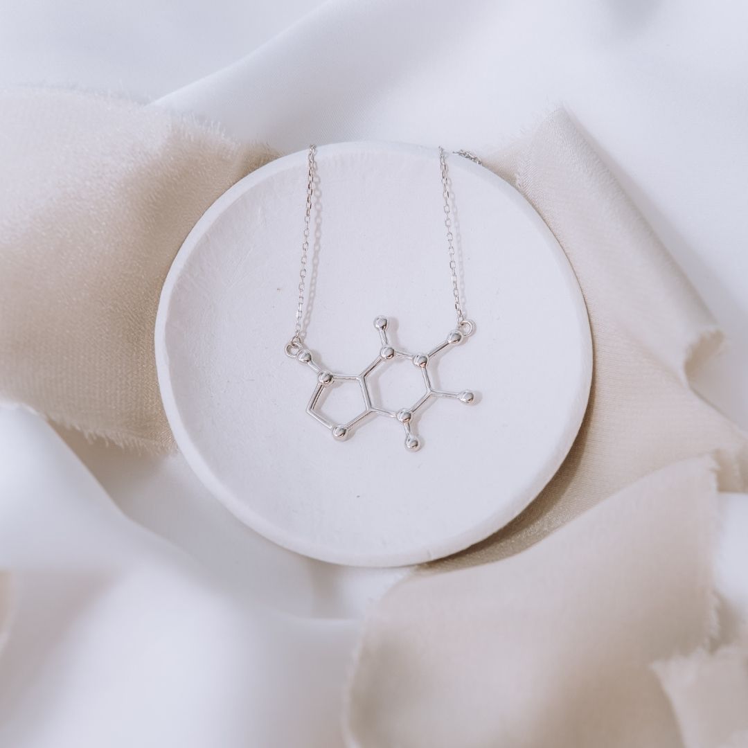 Caffeine molecule necklace in silver - chemistry inspired jewellery gift for coffee lovers | My Chemical Gift