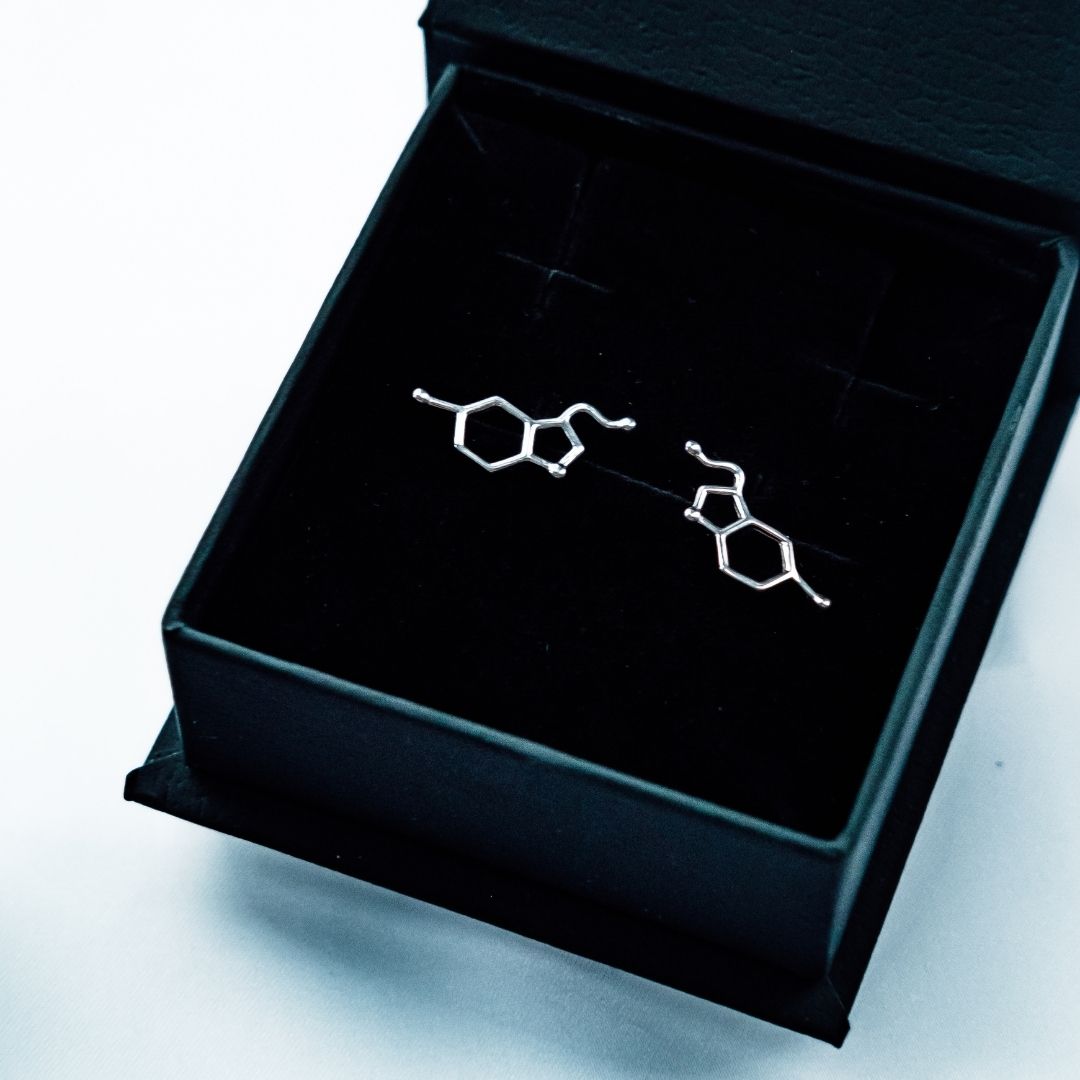 Serotonin molecule earrings in silver - chemistry inspired jewellery gift for science lovers | My Chemical Gift