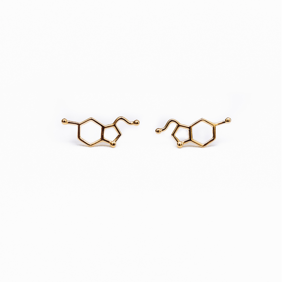 Serotonin molecule earrings in gold - chemistry inspired jewellery for science lovers | My Chemical Gift