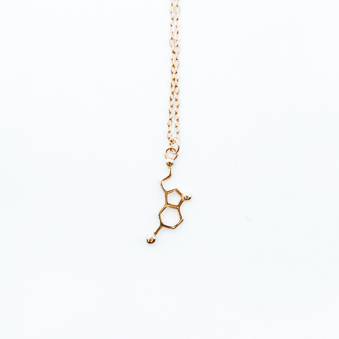 Serotonin molecule necklace in gold - chemistry inspired jewellery gift for science lovers | My Chemical Gift