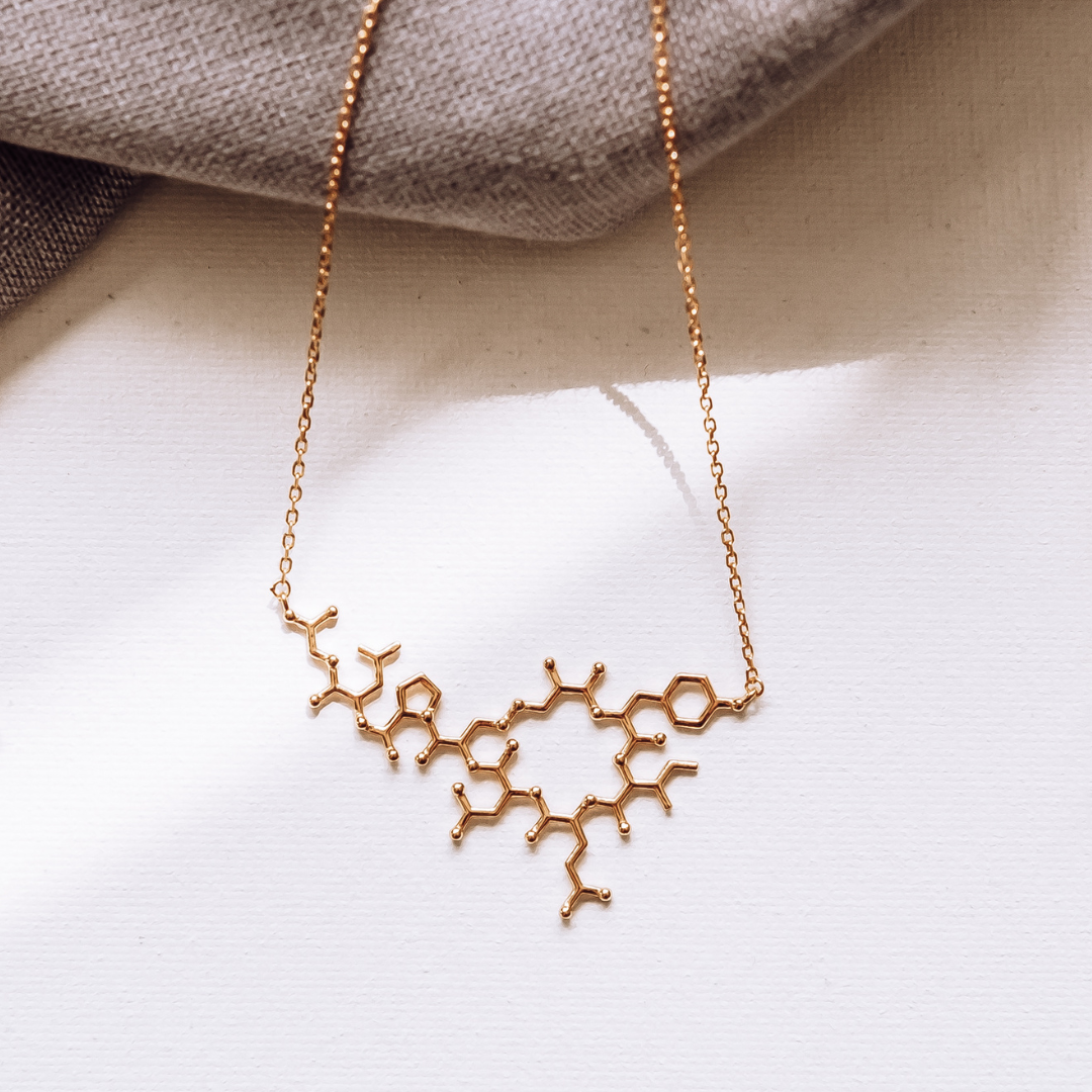 Oxytocin molecule necklace in gold - chemistry inspired jewellery gift for science lovers | My Chemical Gift