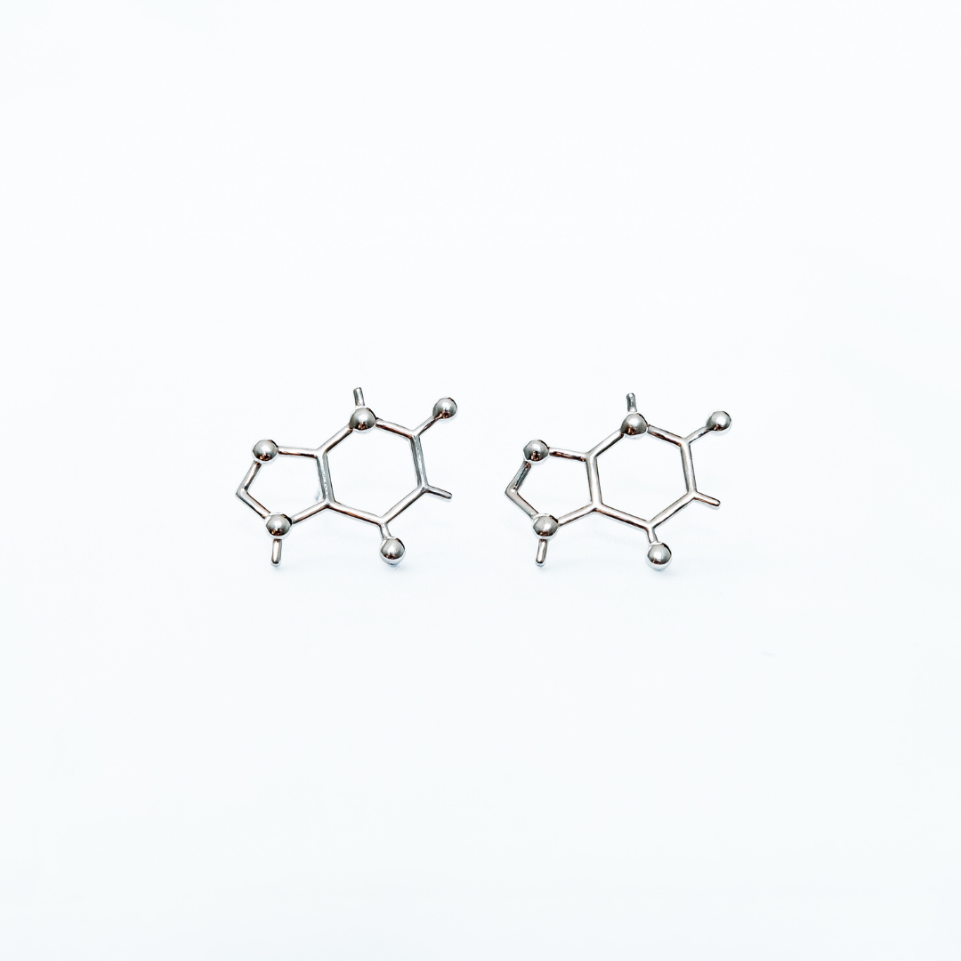 Caffeine molecule earrings in silver - chemistry inspired jewellery gift for coffee lovers | My Chemical Gift