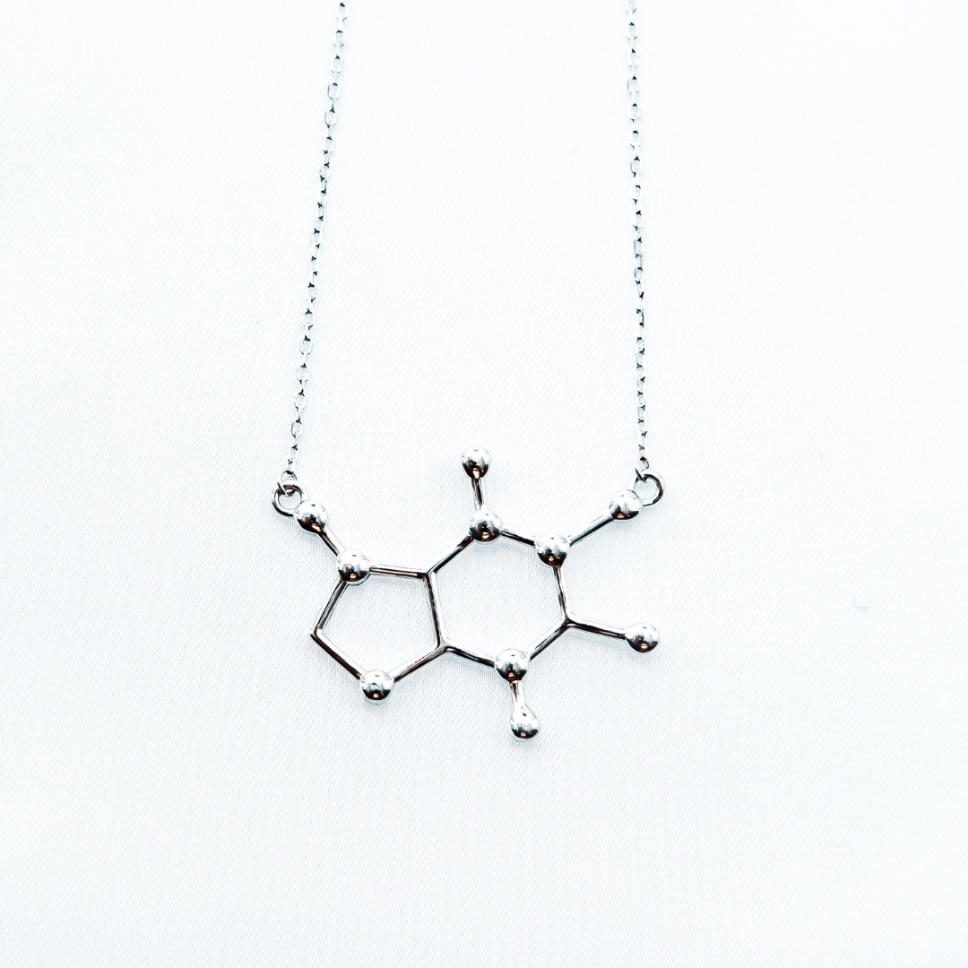 Caffeine molecule necklace in silver - chemistry inspired jewellery gift for coffee lovers | My Chemical Gift