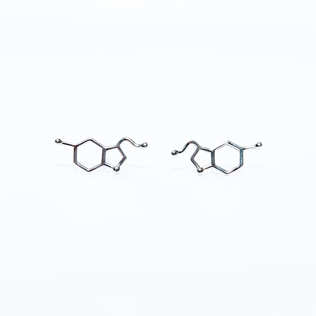 Serotonin molecule earrings in silver - chemistry inspired jewellery gift for science lovers | My Chemical Gift