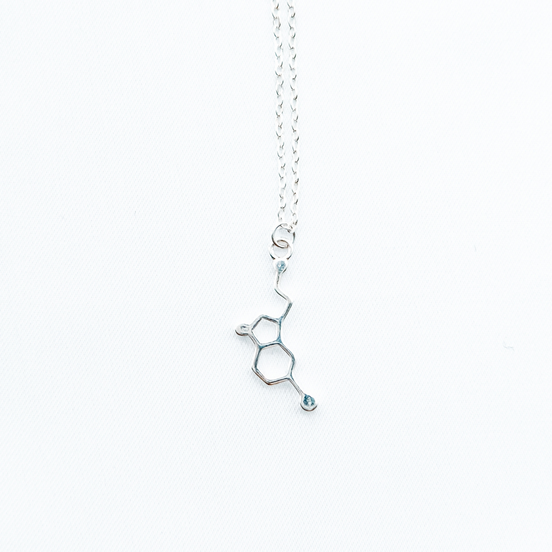 Serotonin molecule necklace in silver - chemistry inspired jewellery gift for science lovers | My Chemical Gift