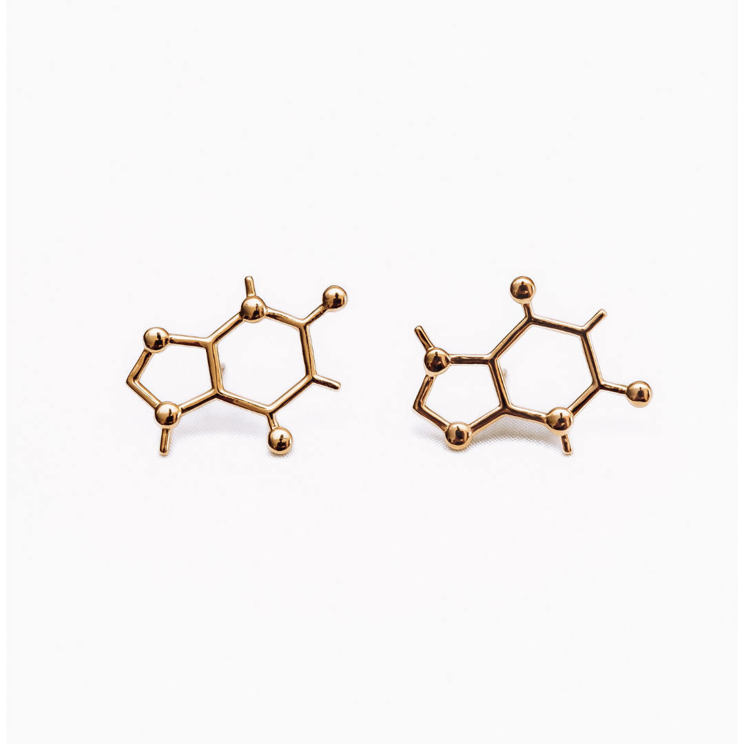Caffeine molecule earrings in gold - science inspired jewellery for coffee lovers | My Chemical Gift