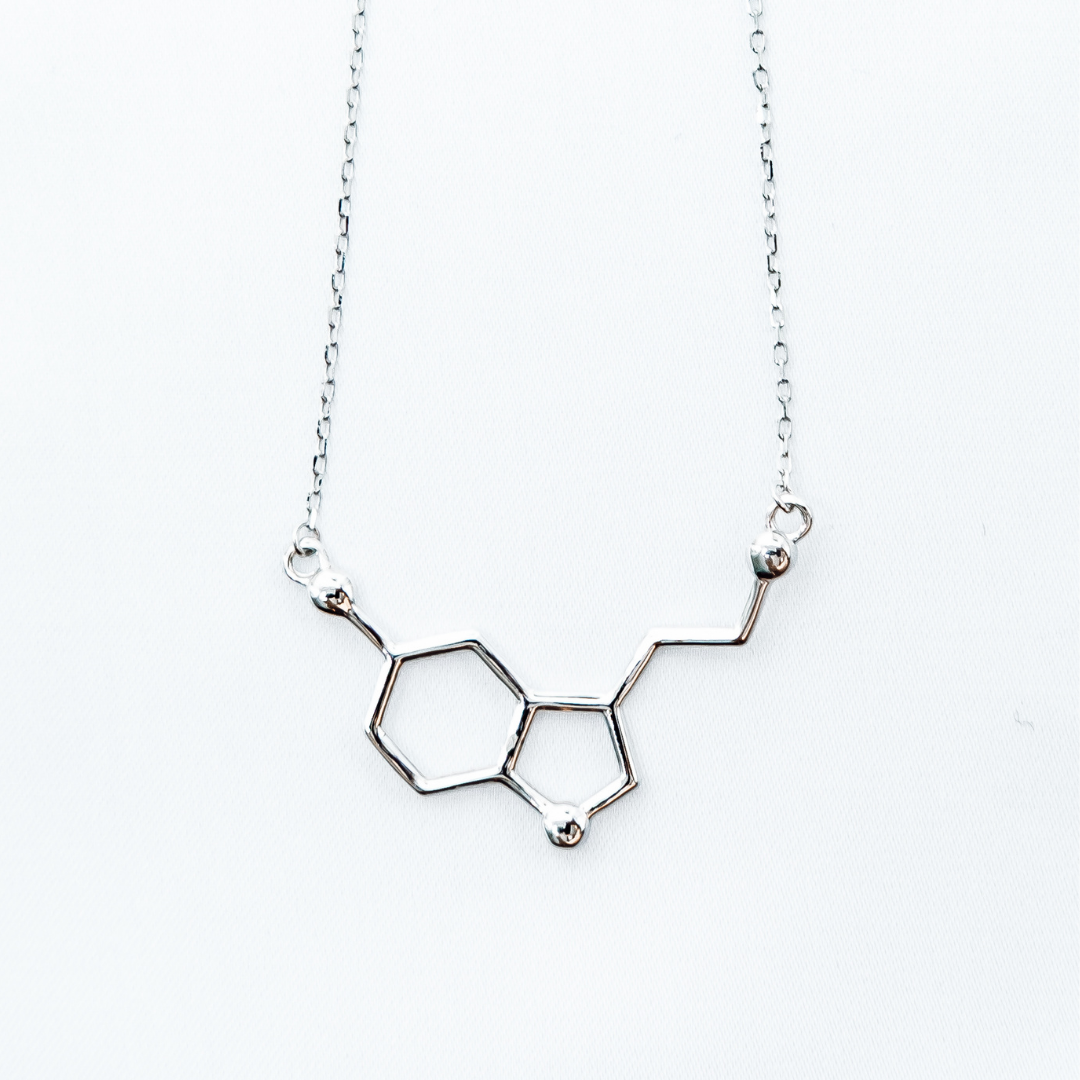 Serotonin molecule necklace in silver - chemistry inspired jewellery gift for science lovers | My Chemical Gift
