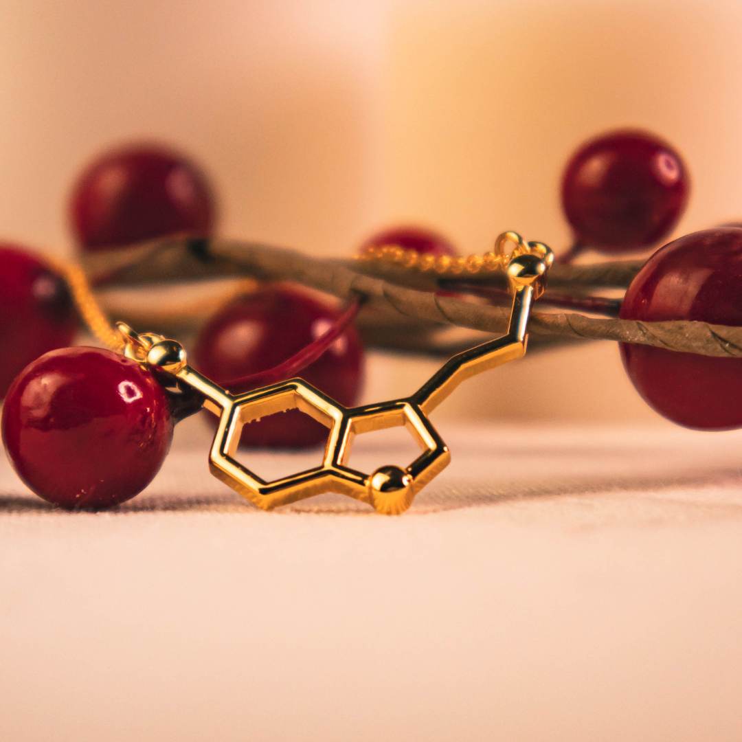 Serotonin molecule necklace in gold - chemistry inspired jewellery for science lovers | My Chemical Gift