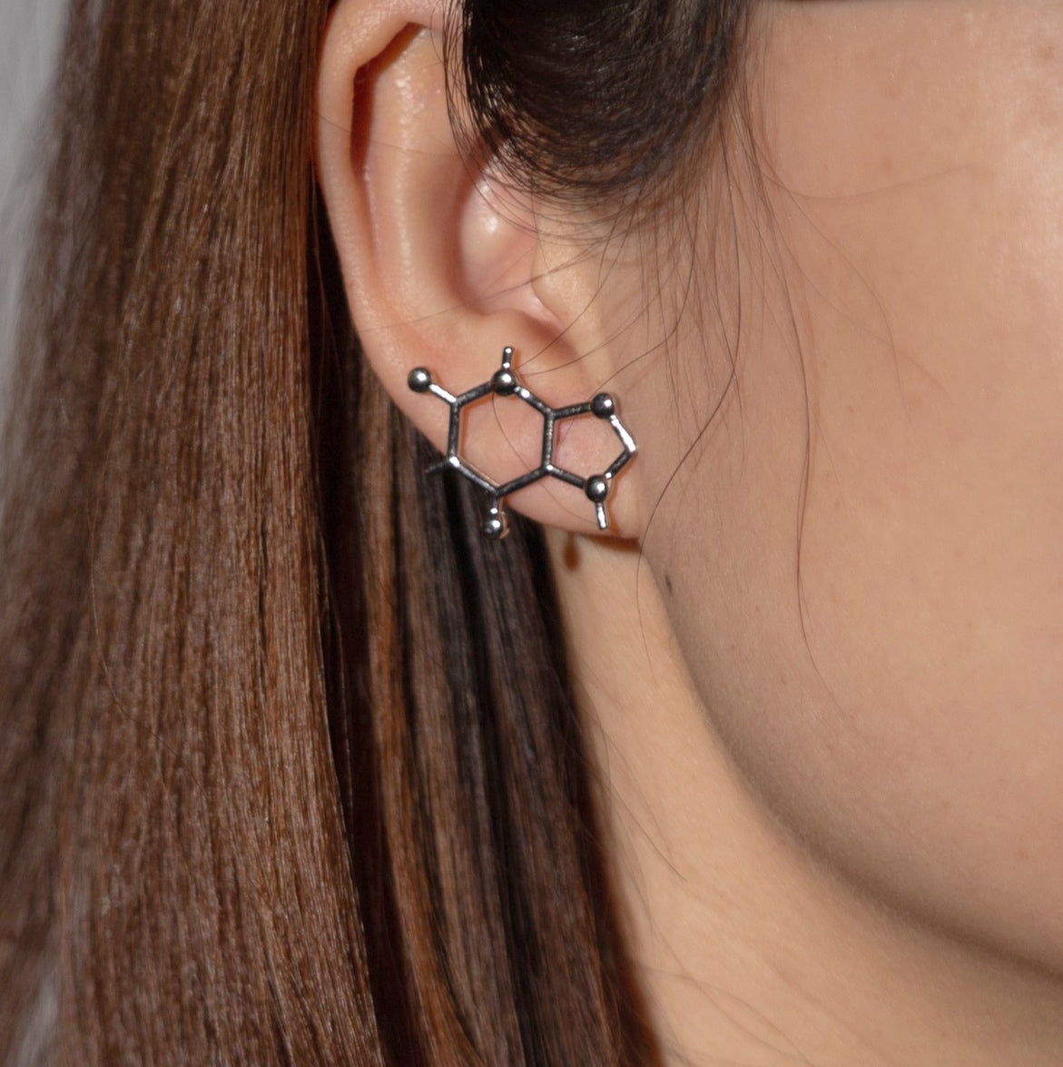 Caffeine molecule earrings in silver - chemistry inspired jewellery gift for coffee lovers | My Chemical Gift
