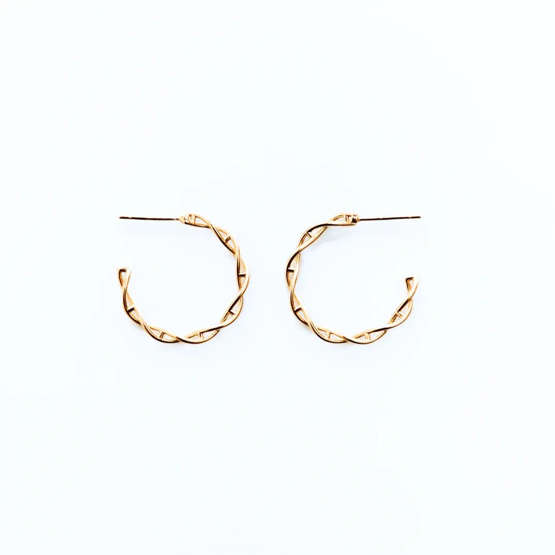 DNA double helix hoop earrings in gold - chemistry inspired jewellery for science lovers 
