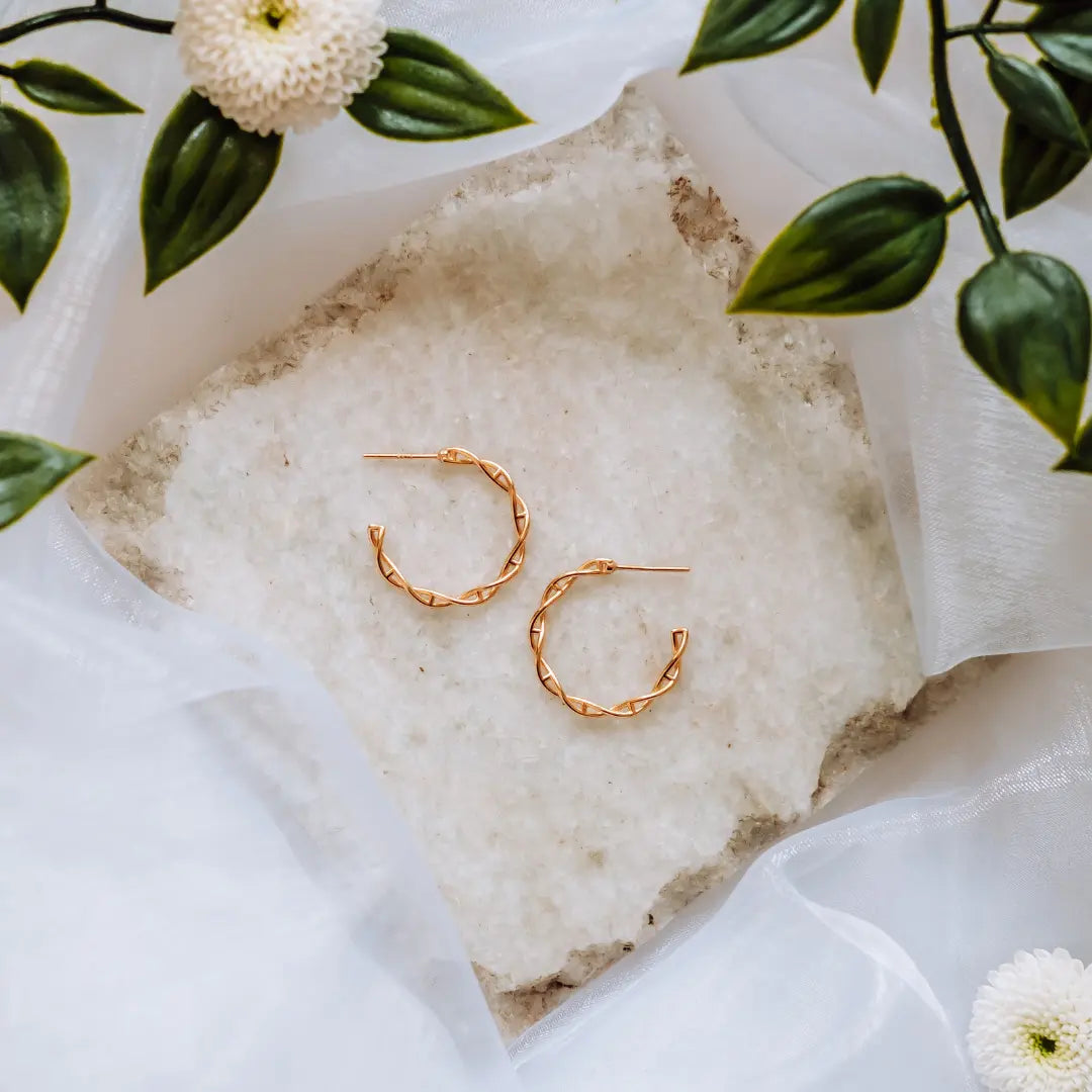 DNA double helix hoop earrings in gold - chemistry inspired jewellery for science lovers 