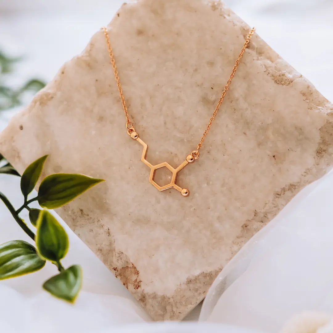 Dopamine molecule necklace in gold - chemistry inspired jewellery for science lovers 