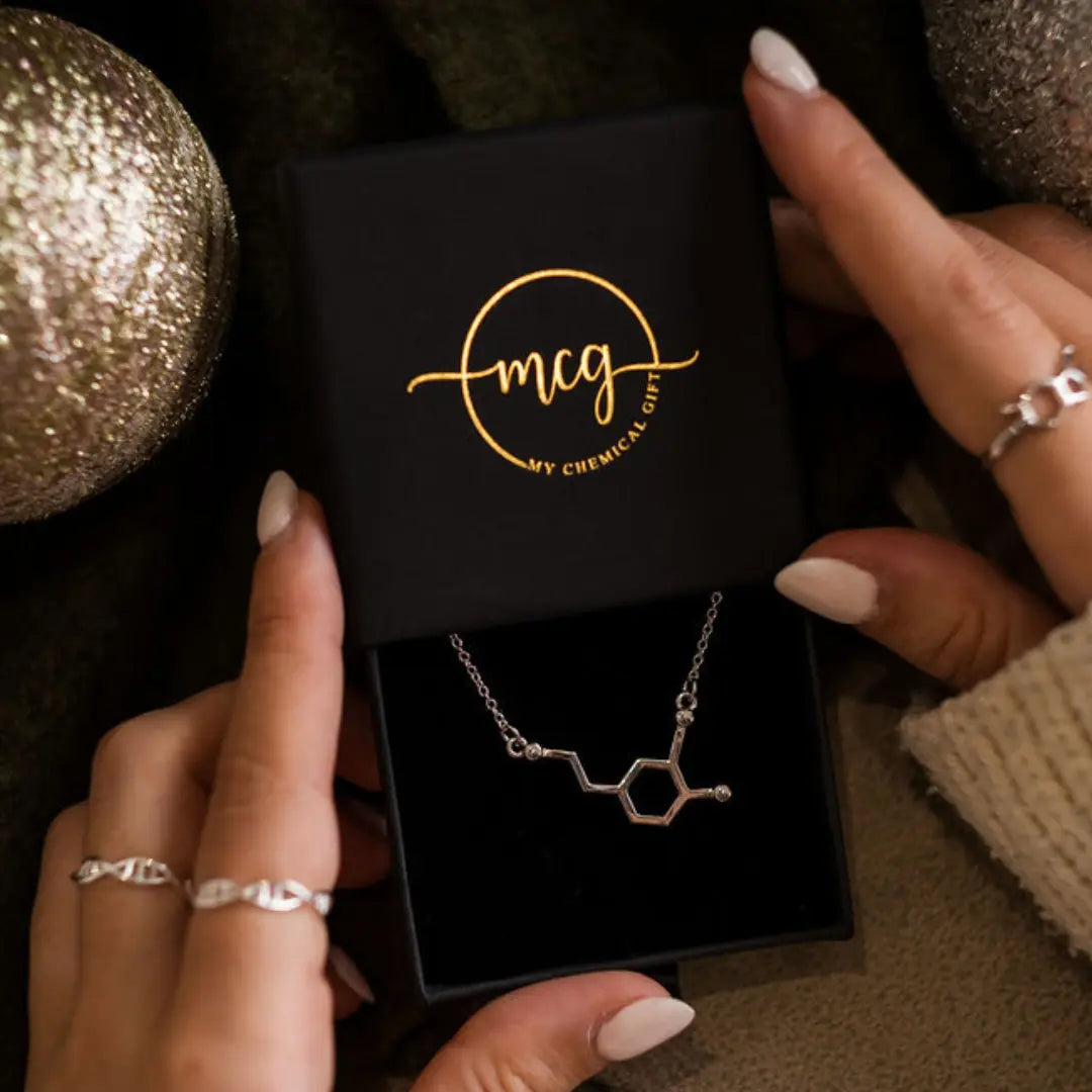Dopamine molecule necklace in silver in a black box - chemistry inspired jewellery for science lovers 