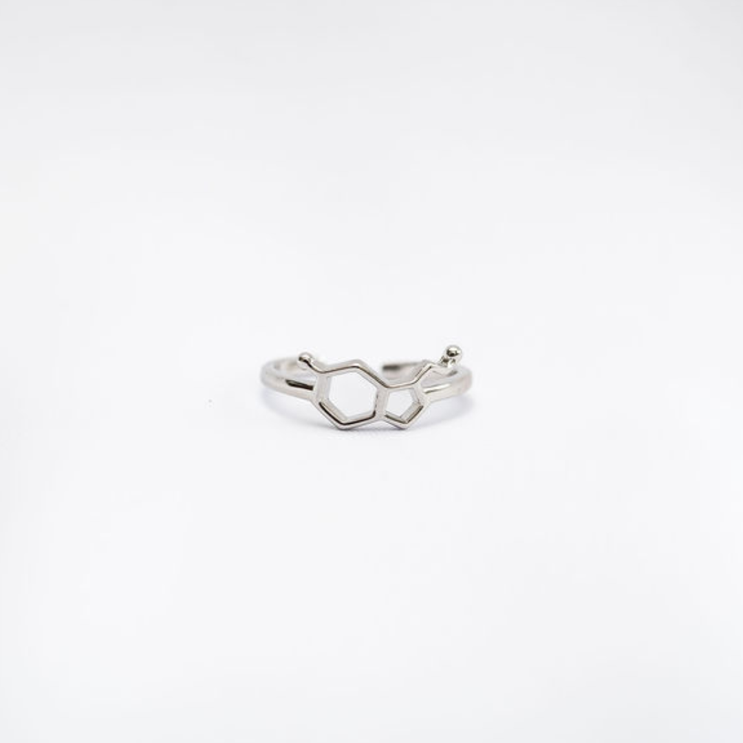 Serotonin molecule ring in silver - chemistry inspired jewellery for science lovers | My Chemical Gift