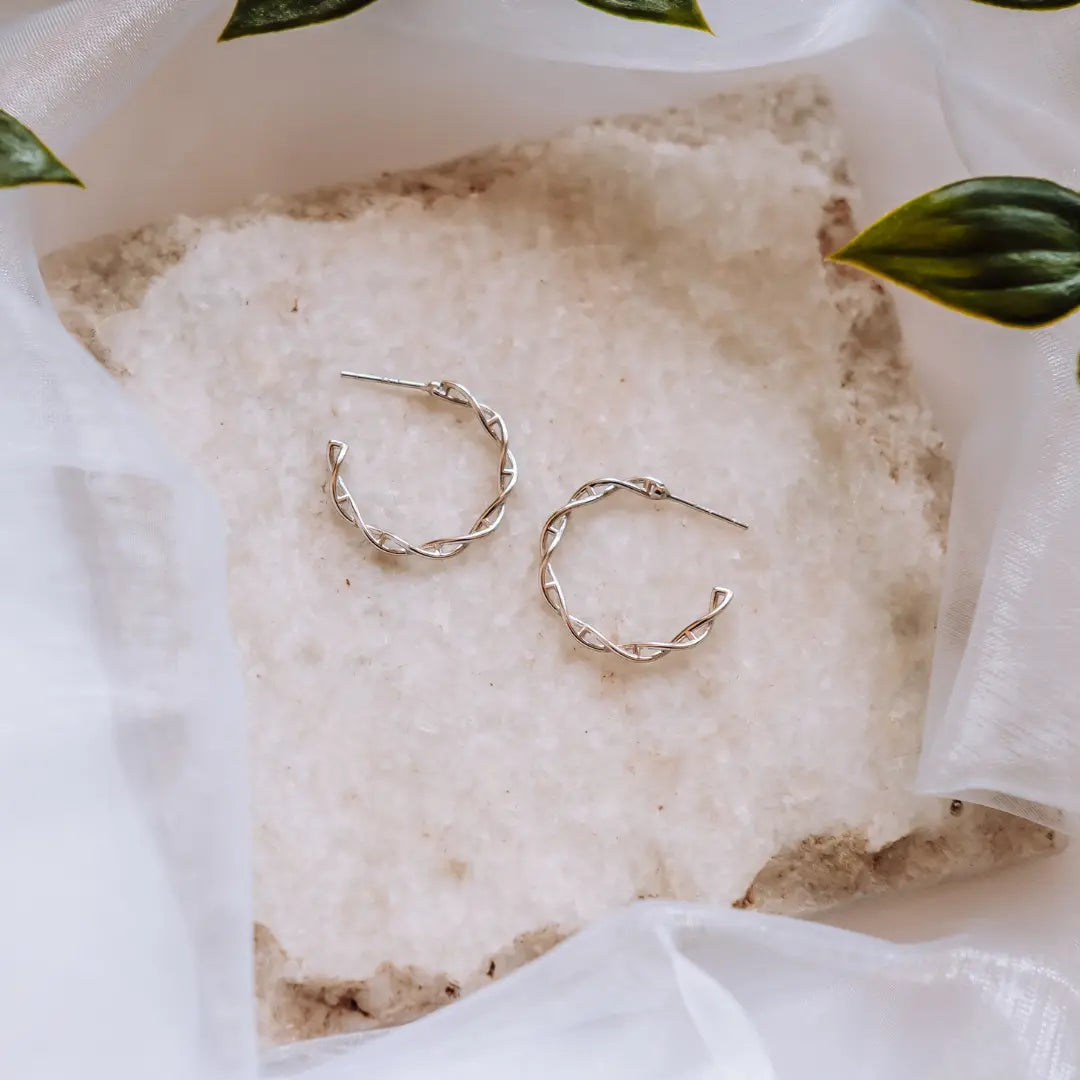 DNA double helix hoop earrings in silver - chemistry inspired jewellery for science lovers
