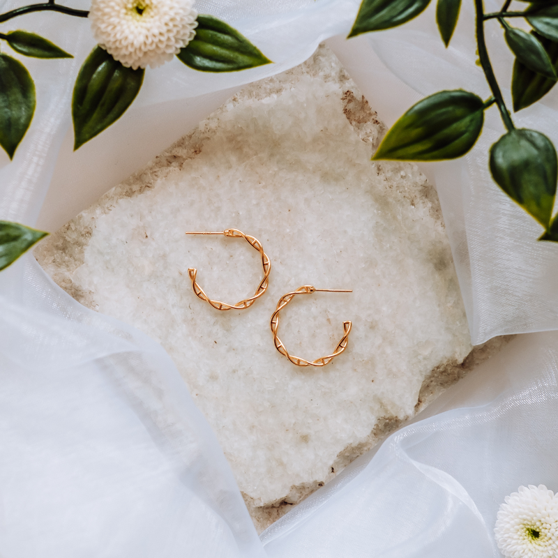 DNA double helix hoop earrings in gold - chemistry inspired jewellery for science lovers | My Chemical Gift