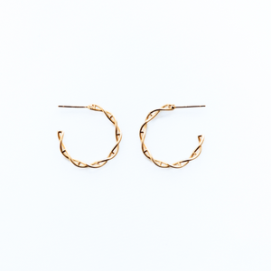 Gold DNA helix hoop earrings on white background