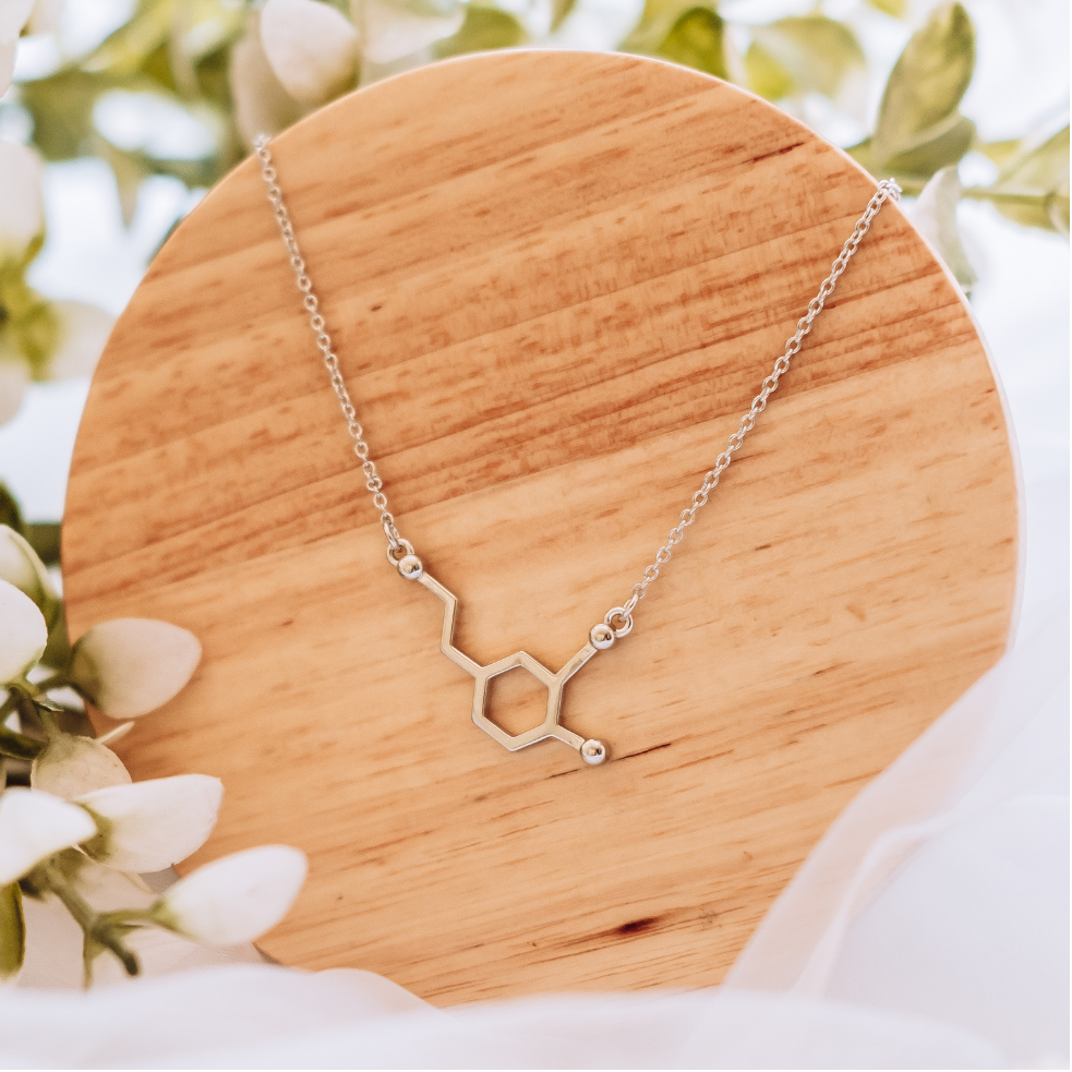 Dopamine molecule necklace in silver - chemistry inspired jewellery for science lovers | My Chemical Gift