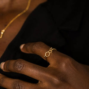 Model wearing serotonin molecule ring in gold - chemistry inspired jewellery for science lovers 