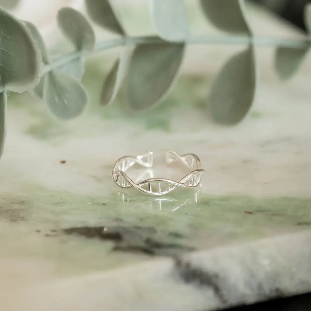 DNA double helix ring in silver - chemistry inspired jewellery gift for science lovers 