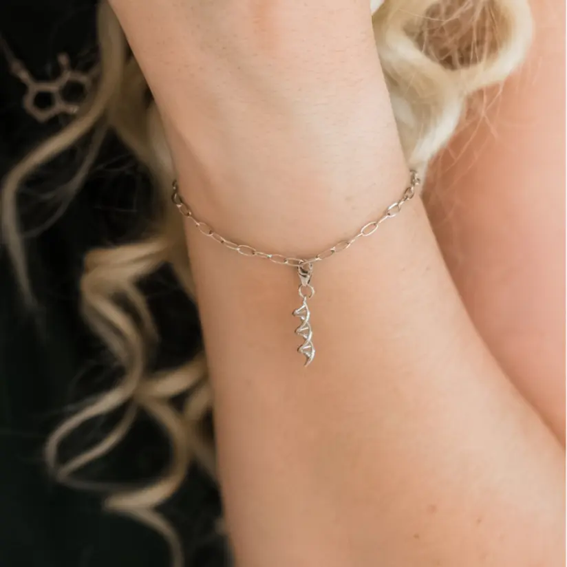 DNA double helix silver charm bracelet - chemistry inspired jewellery for science lovers 