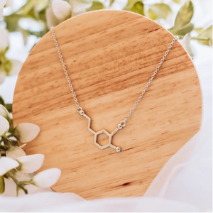 Dopamine molecule necklace in silver - chemistry inspired jewellery for science lovers 
