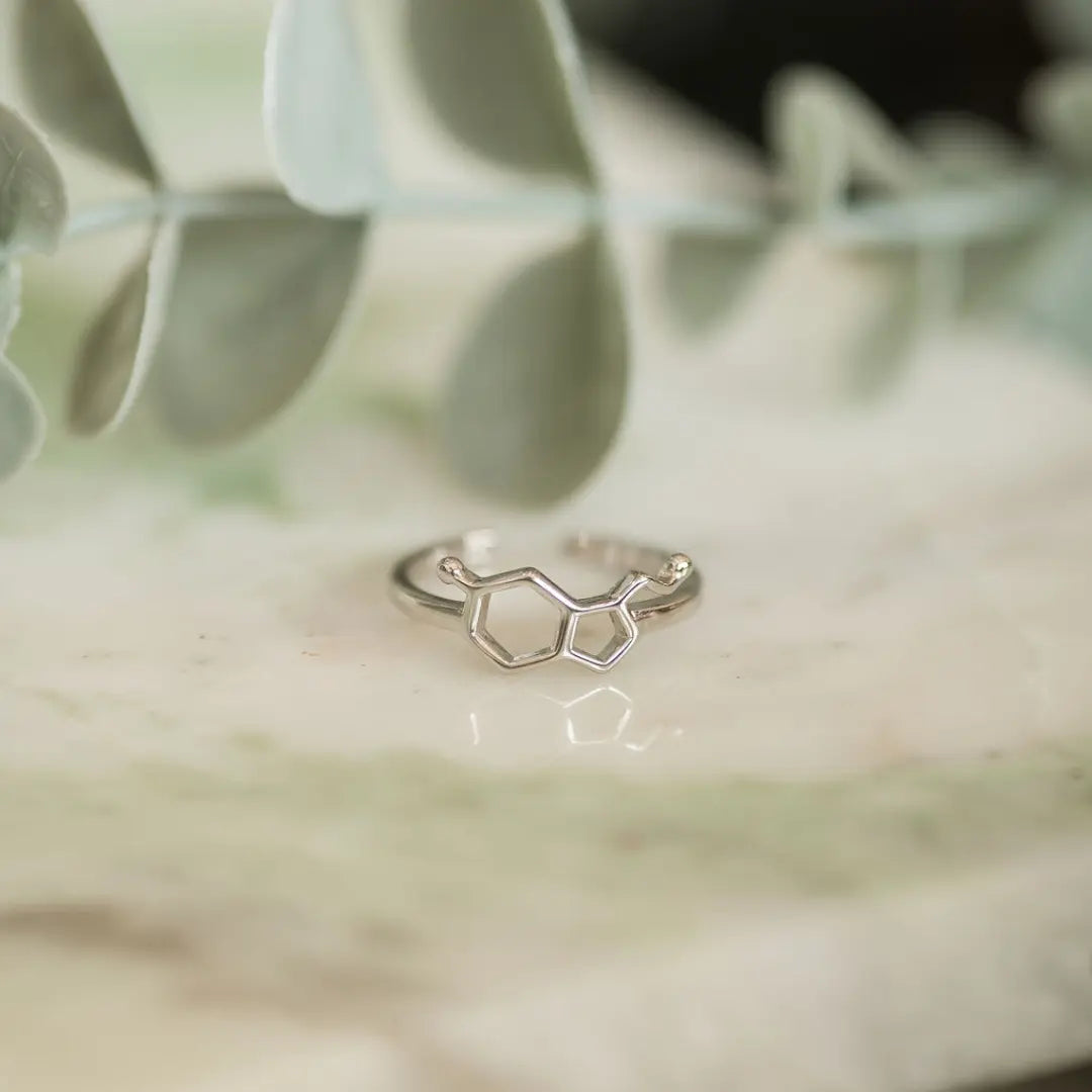 Serotonin molecule ring in silver - chemistry inspired jewellery for science lovers 