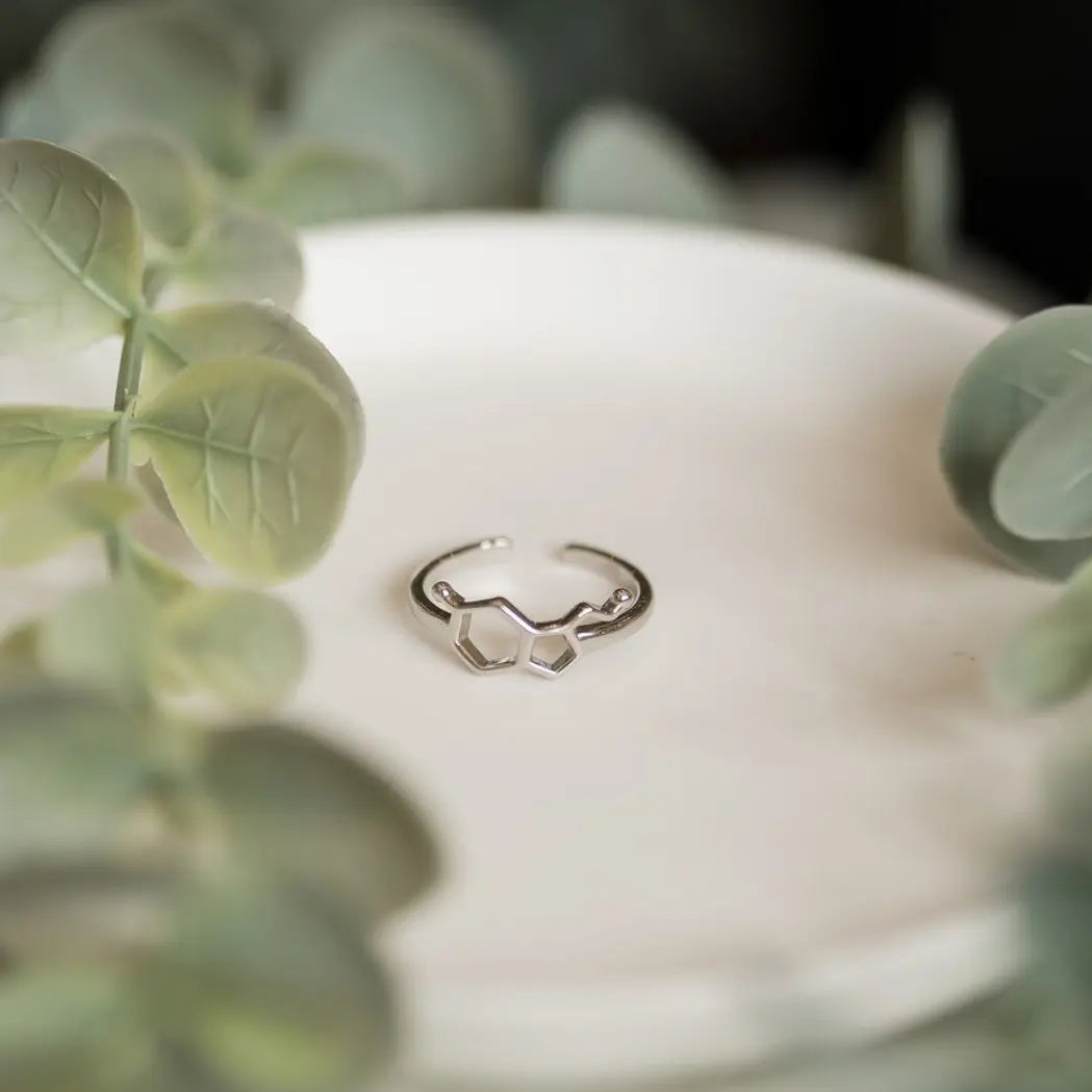Serotonin molecule ring in silver - chemistry inspired jewellery for science lovers 
