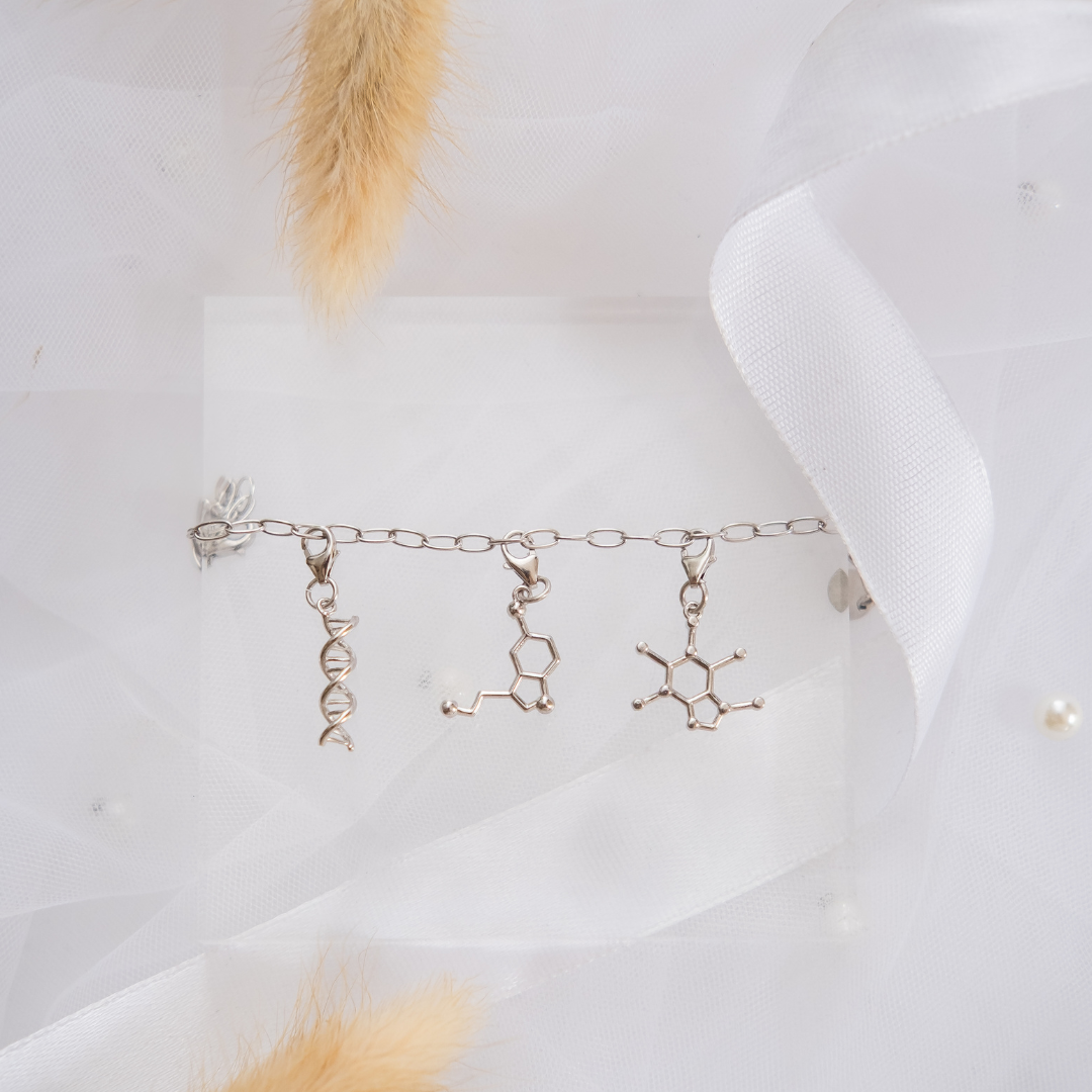 Caffeine molecule, serotonin molecule and DNA double helix silver charm bracelet - chemistry inspired jewellery for science lovers | My Chemical Gift