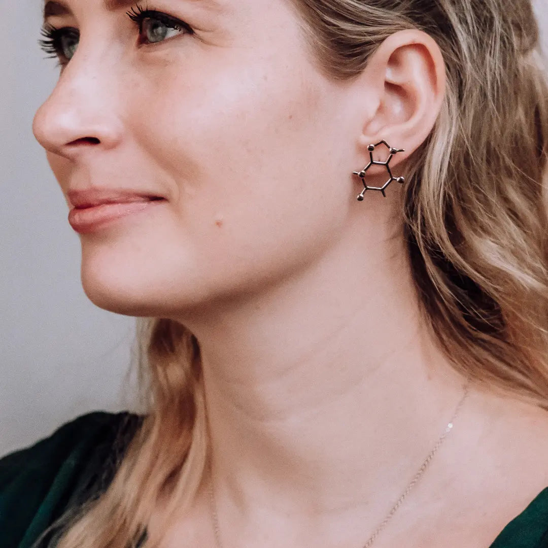 Caffeine molecule earrings in silver - chemistry inspired jewellery gift for coffee lovers 