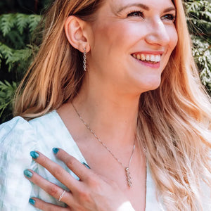 Model wearing DNA double helix necklace and earrings in silver - chemistry inspired jewellery gift for science lovers 