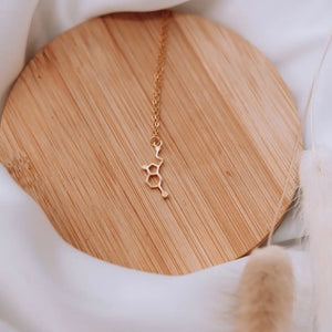 Serotonin molecule necklace in gold on wooden background - chemistry inspired jewellery gift for science lovers