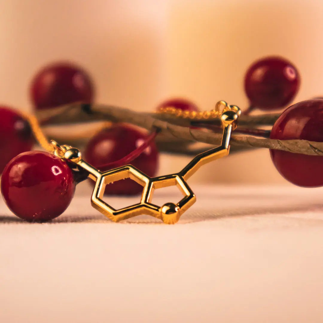 Serotonin molecule necklace in gold - chemistry inspired jewellery for science lovers 