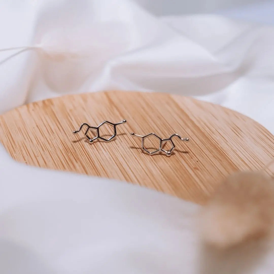 Serotonin molecule earrings in silver - chemistry inspired jewellery gift for science lovers 