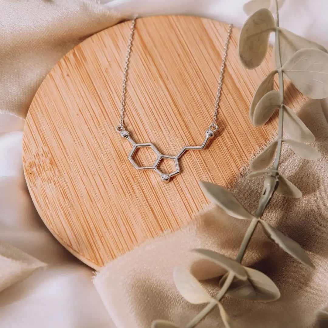 Serotonin molecule necklace in silver - chemistry inspired jewellery gift for science lovers 