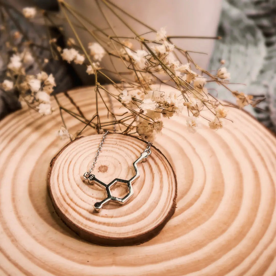 Dopamine molecule necklace in silver - chemistry inspired jewellery for science lovers