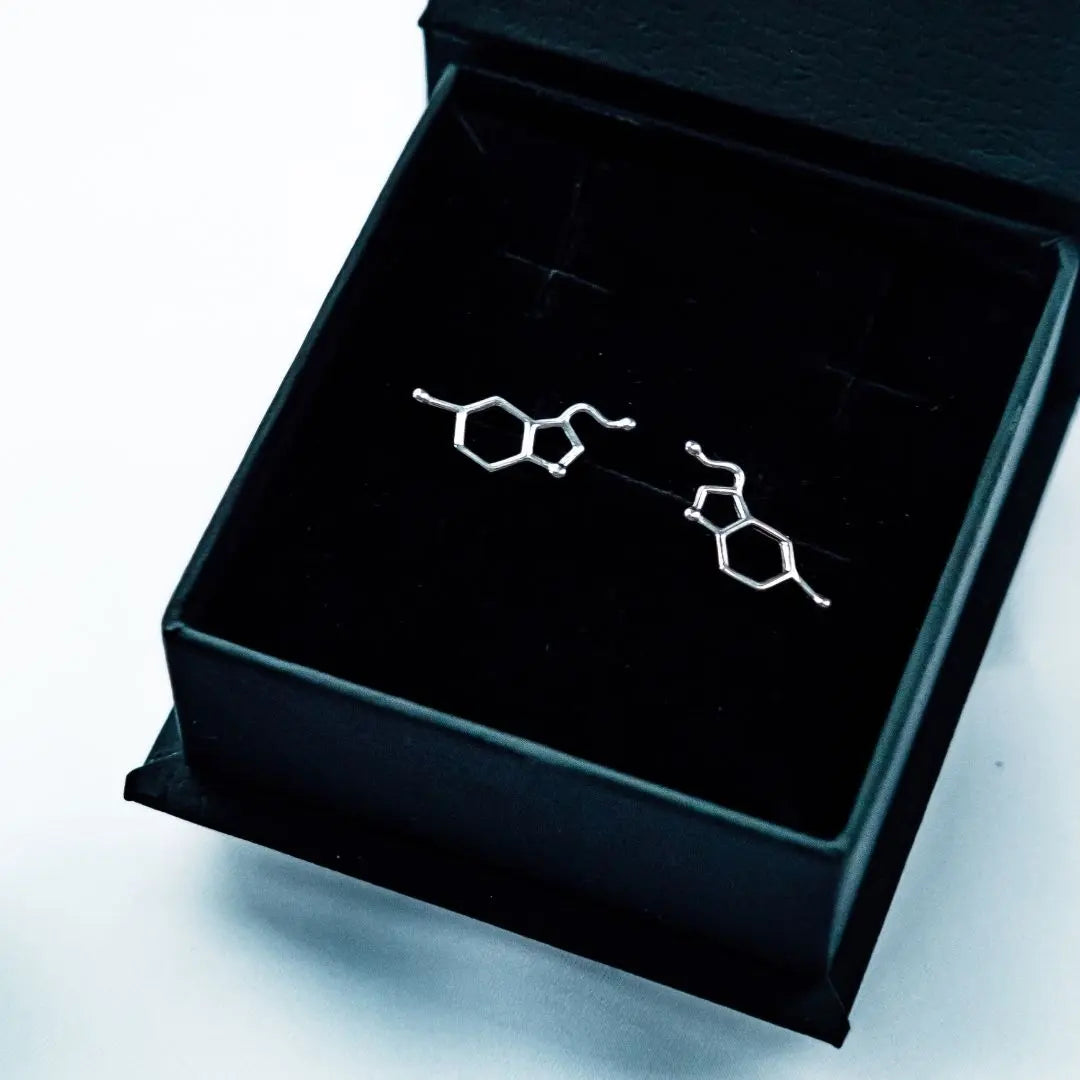Serotonin molecule earrings in silver - chemistry inspired jewellery gift for science lovers 