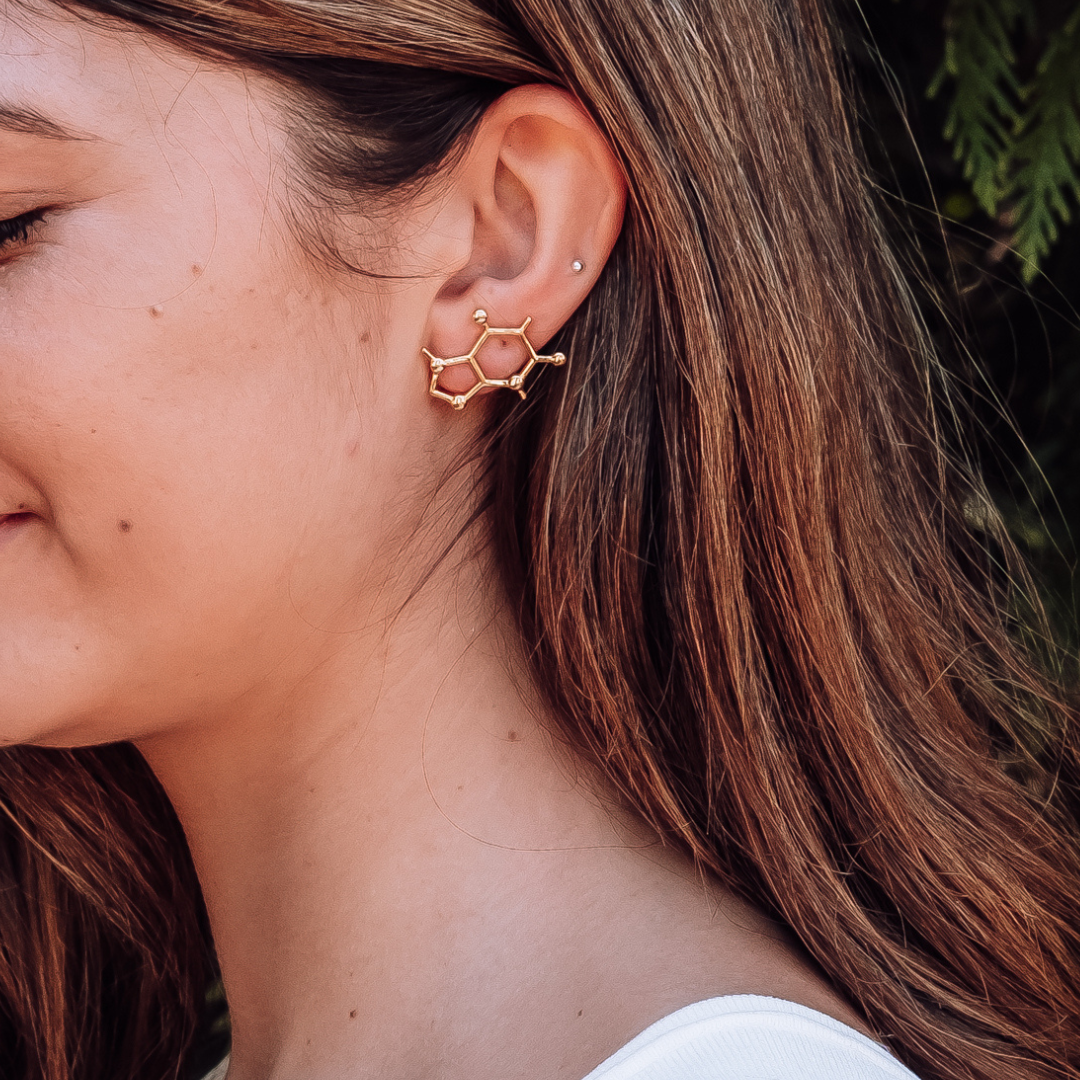 caffeine molecule gold stud earrings 